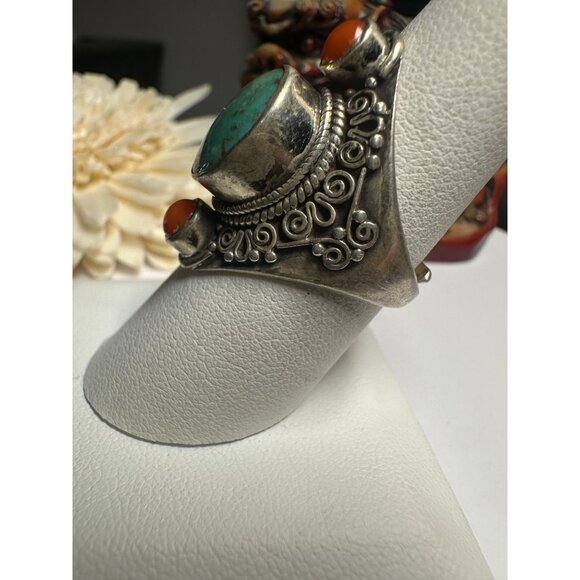 VTG Sterling Silver Red Coral Turquoise Ring - Picture 3 of 6